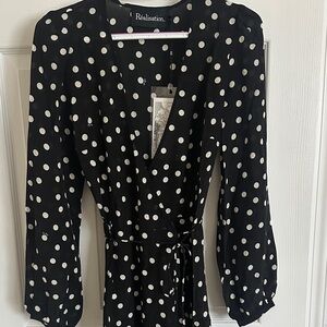 Réalisatión Par Black Polka Dot Classic Wrap Dress, brand new, size M